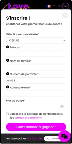 Formulaire d'inscription Love Casino