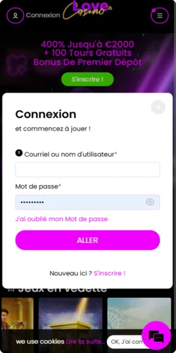 Formulaire de connexion Love Casino