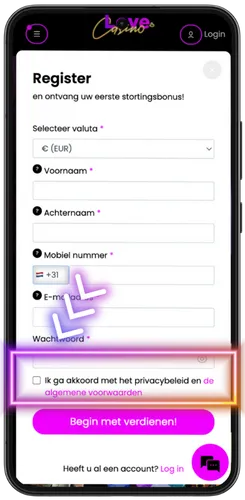 Voorwaarden accepteren en leeftijd bevestigen