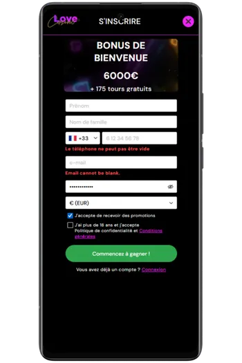S'inscrire Love Casino